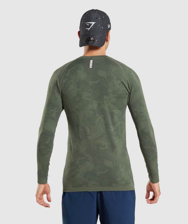 Panske Mikiny Gymshark Geo Seamless Long Sleeve Čierne Olivovo Zelená | BF1460823